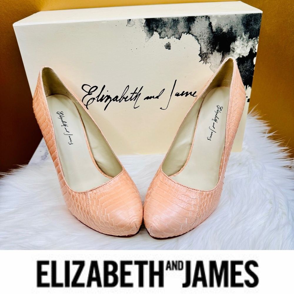 { Elizabeth & James } “Mazie” Snakeskin Leather Platform Pumps in Blush